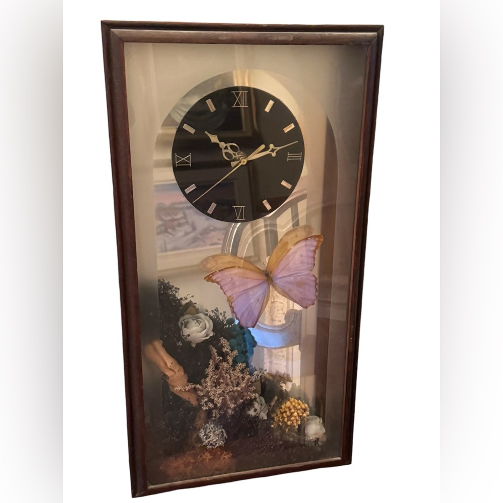 Vintage 1970s Clock Shadowbox Dried Flowers Butterfly Mirrored Back 29 x 13 x 4"